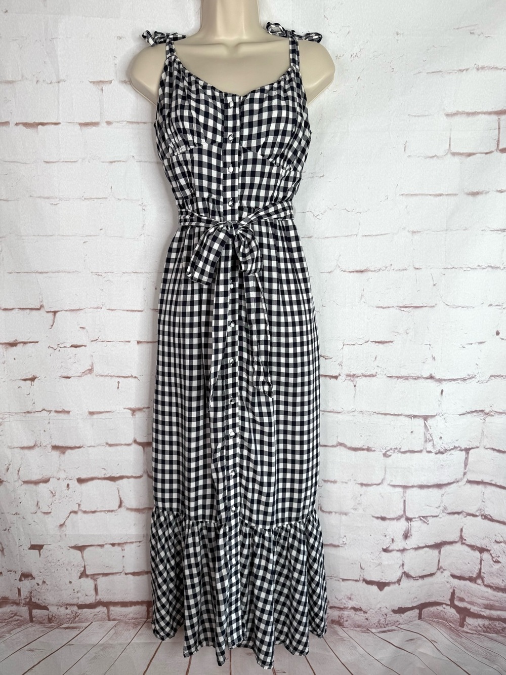 J CREW Gingham Black & White Button Front Size 8 Tie Strap Ruffle Hem Midi Dress - Picture 2 of 16